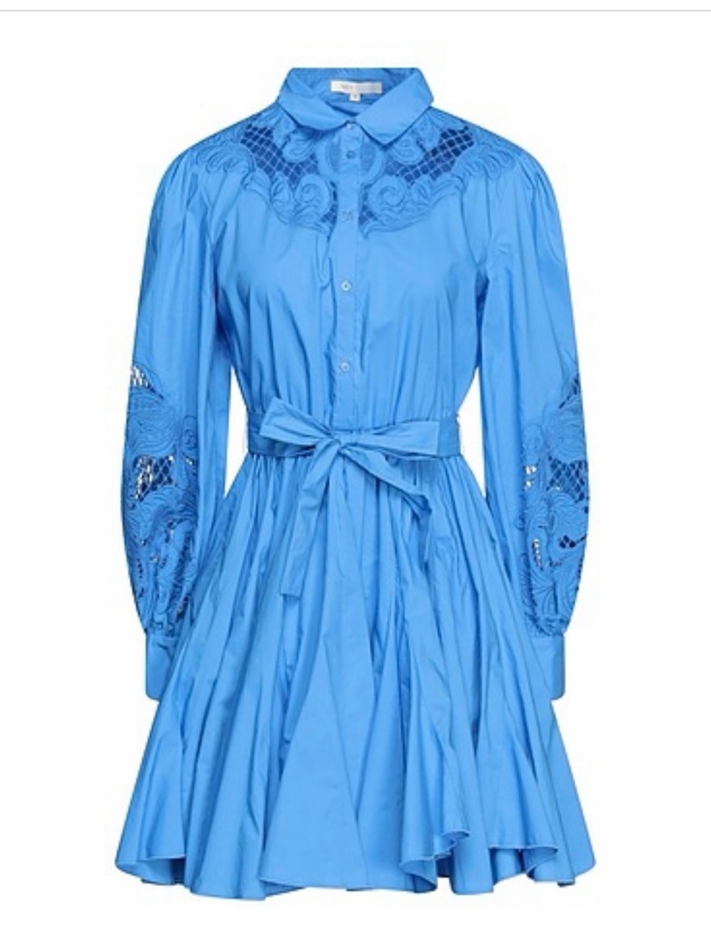 Maje Bright Blue Lace-Yoke Shirt Dress with Waist Tie